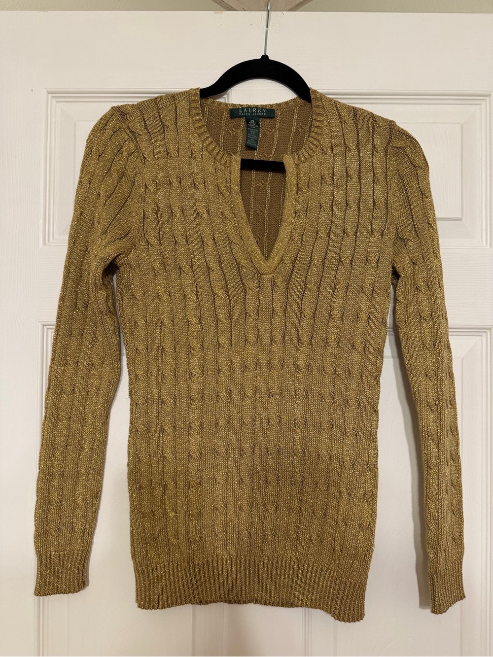 Ralph Lauren Metallic Gold Cable-Knit Crew Cardigan